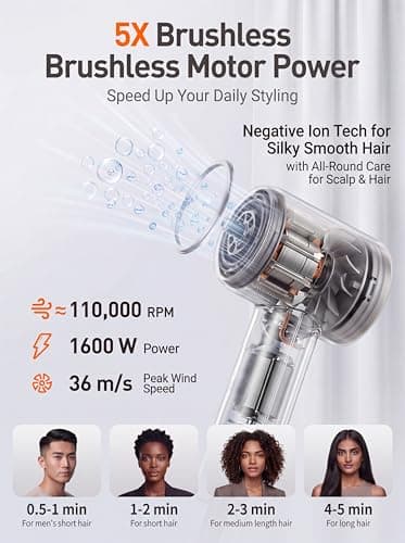 WHS Hair Dryer, 110,000 RPM High Speed Brushless Motor Ionic Blow Dryer – Low Noise Lightweight 110V Travel Hair Dryer with Concentrator Nozzle, Fast Drying for Home & Travel (Gold) - Thumbnail 3