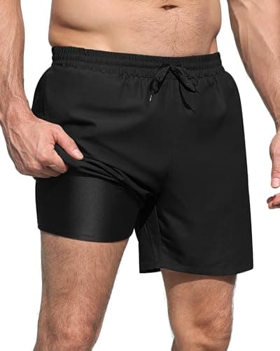 RQP Mens Swim Trunks with Compression Liner 6 Inch Quick Dry Mens Bathing Suit with Zipper Pockets,Black - Image 1