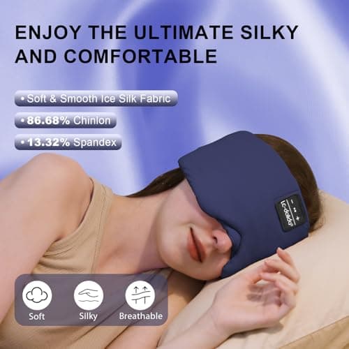 LC-dolida Sleep Mask with Bluetooth Headphones, Ice Silk Sleep Headphones with Bluetooth 5.4, Total Blackout Eye Mask for Sleeping, Sleep Soft Mask for Women Men, All Night Sleep, Travel(Navy) - Thumbnail 2