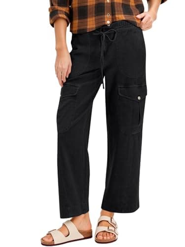 Cicy Bell Womens Cotton Cargo Pants Low Rise Drawstring Waist Wide Leg Casual Hiking Pants with Multiple Pockets Black - Image 1