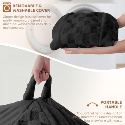 HABUTWAY 4FT Bean Bag Chair Teardrop Beanbag Chair with Memory Foam Filled Soft Checkboard Leaf alongside Plush Bean Bag Sofa with Removable Cover for Living Room,Bedroom-Checkboard Black - Thumbnail 6