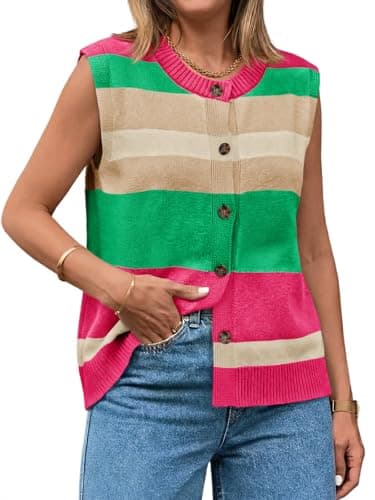 Tankaneo Womens Color Block Striped Sweater Vest Tops Summer Casual Button Up Knit Sleeveless Cardigan Tank Tops Hot Pink - Image 1