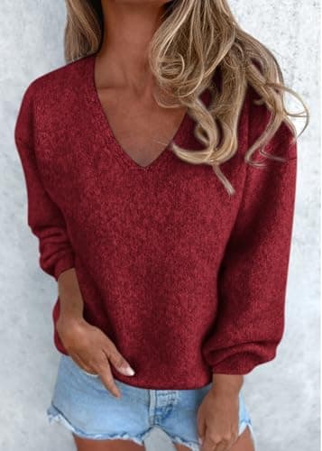 KIRUNDO Sweaters for Women Fall 2026 Oversized V Neck Cozy Cute Casual Long Sleeve Knit Pullover Trendy Winter Clothing(Red, X-Large) - Thumbnail 4