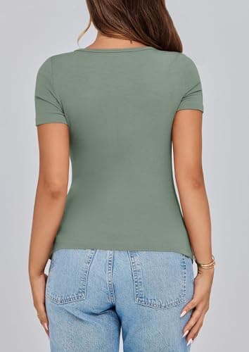 PRETTYGARDEN Women's 2026 Fall Summer Short Sleeve Tops Ribbed Henley Button Slim Fit Basic Casual T Shirts Blouse Clothing (Light Green,Large) - Thumbnail 2