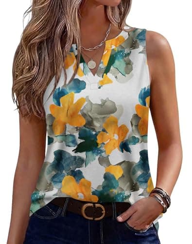 SLOWCOLIN Womens Tank Tops Loose Fit V Neck Tank Tops for Women Summer Casual Sleeveless Shirts White-Yellow XXL - Image 1