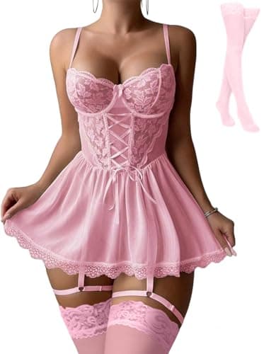 FAMIHAO Sexy Babydoll for Women Stocking Lace Mesh Bodysuit Top Underwire Garter Lingerie Set,Pink XL - Image 1