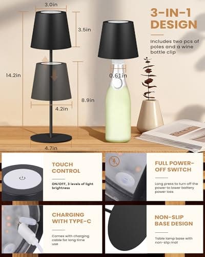 JCHPZR 2 Pack Cordless Table Lamp,Wireless Bottle Lamp,3 Level Dimming LED Portable Desk lamp,5000mAh Rechargeable Battery,One-Touch Power Off,Waterproof Outdoor,for Bedroom/Bars/Camping(Black) - Thumbnail 2