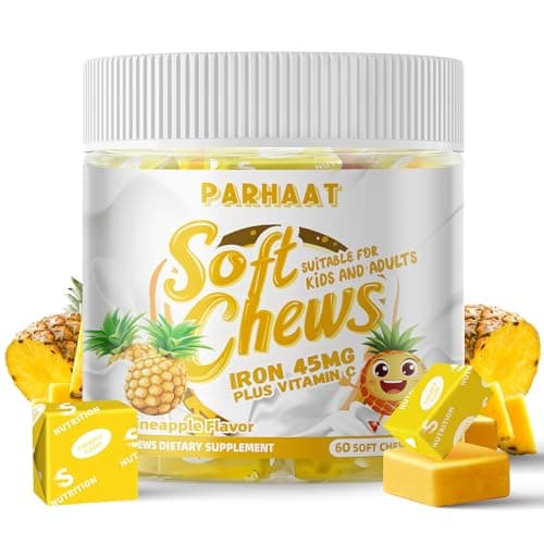 Parhaat Iron Soft Chew Supplement with Vitamin C | Pineapple Flavored | Gluten Free | Iron Supplement for Women Men and Kids | 60 Count | 2 Month Supply - Image 1