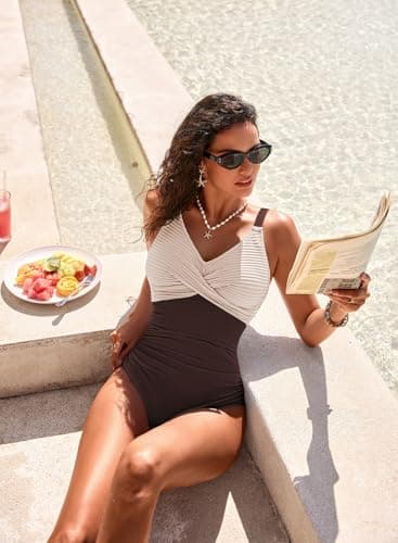 Pink Queen Women's One Piece Tummy Control Swimsuits Patchwork Color Block Swimwear V Neck Bathing Suit Dark Brown XL - Thumbnail 5