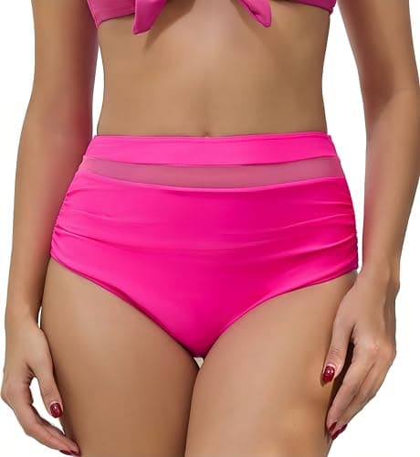 COCOPEAR Sexy High Waisted Bikini Bottoms for Women Ruched Mesh Swim Bottoms for Women Classic Full Coverage Bikini Bottoms Pink M - Image 1