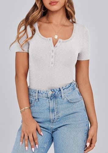 PRETTYGARDEN Women's 2026 Fall Summer Short Sleeve Tops Ribbed Henley Button Slim Fit Basic Casual T Shirts Blouse Clothing (Light Grey,X-Small) - Thumbnail 6