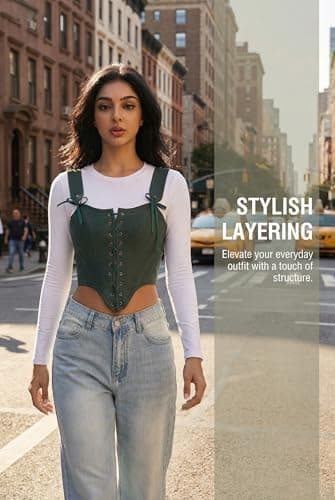 Grodress Renaissance Corset Vest Tops for Women Linen Overbust Bustier Bodice Sleeveless Drawstring Crop Lace Up - Thumbnail 6