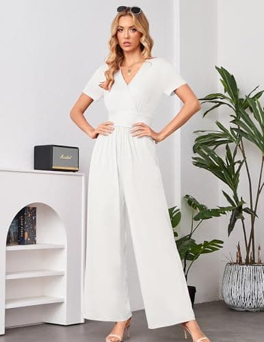 LOOKBOHO Womens Short Sleeve Jumpsuits Summer Casual Deep V Neck Dressy Casual 2026 Romper High Waist Summer Wide Leg Pants White S - Thumbnail 2