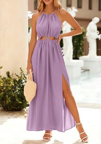 BTFBM Women Halter Summer Dresses 2026 Sleeveless Cutout Backless Sundress Slit Boho Maxi Beach Wedding Guest Dress(Purple, X-Large) - Thumbnail 3