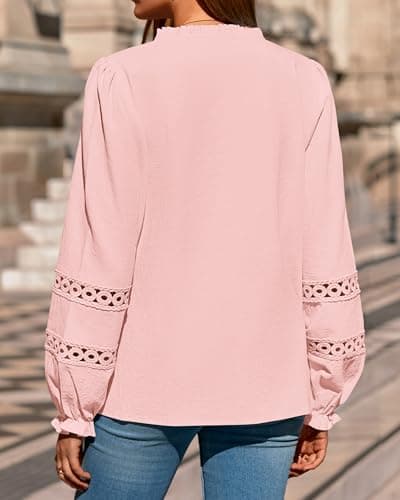 KIRUNDO Going Out Tops for Women 2026 Spring Fashion Boho Cotton Eyelet Long Sleeve Button Up Shirt Lace Dressy Casual Blouse(Light Pink, XX-Large) - Thumbnail 2
