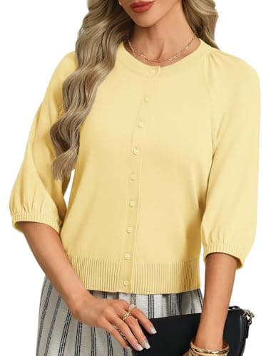 GRACE KARIN Short Sleeve Cardigans for Women 2026 Spring Outfits Lightweight Cardigans Sweater Yellow M - Image 1