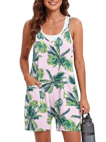 LILBETTER Women's Summer Rompers Casual Sleeveless Spaghetti Strap Shorts Jumpsuit Overalls Outfits with Pockets(Leave Pink Large) - Image 1