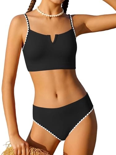 Girls Swimwear Color Block Padded Adjustable Strap Bikini High Waisted Bottom Set Summer Bathing Suit Cover Up 7-16T （Black, 13-14 Years - Image 1