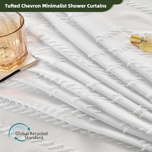 Siiluminisoy White Shower Curtain Fabric Boho Shower Curtain Cloth Textured Tufted Chevron Elegant Shower Curtains Waterproof for Bathroom 72" x 72" - Thumbnail 2