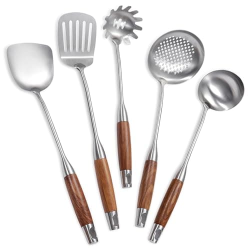 IQCWOOD 5 Pcs Cooking Utensils Set with Rose Wooden Handles, Includes Soup Ladle, Slotted Spoon, Wok Spatula, Slotted Spatula & Spaghetti Server, Dishwasher Safe, Ideal Gift for Women - Image 1