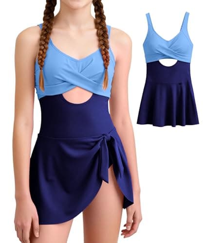 MFAVIP Girls One Piece Swimsuits Teen Bathing Suit Blue Ruffle Swim Dress Adjustable Straps Size 9-16 - Image 1