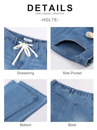 HDLTE Wide Leg Jeans Woman High Waisted Trendy Pull On Elastic Waist Drawstring Stretchy Denim Jean Pants with Pockets，Light Blue，XL - Thumbnail 6