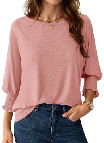 NORACORA Women's 3/4 Sleeve Tops Loose Fit Shirts Dressy Casual Crew Neck T Shirts for Women Basic Tees Shirt with Smocked Cuffs 2025 Fall Fashion Blouse Pink XXL - Image 1