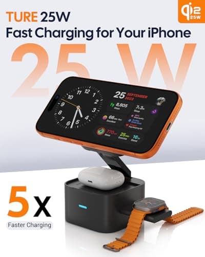 Foldable 3-in-1 Charging Station for Apple Devices, Qi2.2 25W MagSafe Charger Stand, Magnetic Wireless Charger for iPhone 17/16/15/14/13/12/Air Series, Apple Watch & AirPods (with 45W PD Adapter) - Thumbnail 2