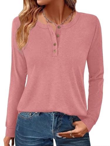 GKBK Womens Henley Tops Long Sleeve Shirts Button Pullover Loose Fit Henley Neck Tunics Coral XL