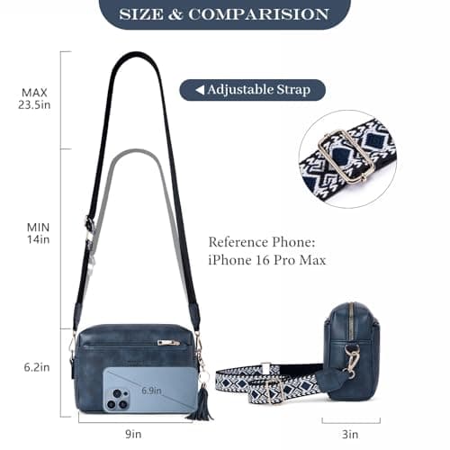 Roulens Triple Zip Small Crossbody Bag for women,Wide Strap Cell Phone Purse Shoulder Handbag Wallet with Credit Card Slots - Thumbnail 4