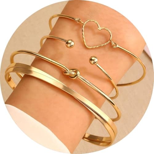 Alegend Bracelets Sets 14K Gold Plated Chic Stackable Bold Bangle Heart-Shaped Unique Four-Layered Design - Thumbnail 2