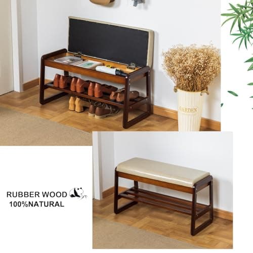 latifolia Solid Wood Bench, Entryway Shoe Bench with Cushion, Flip-Open Storage Compartment, 2-Tier Shoe Organizer(Grey,31.50''L) - Thumbnail 4