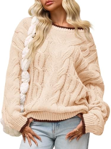 Saodimallsu Womens Oversized Sweater Casual Cable Knit Color Block Crewneck Pullover 2025 Fall Winter Chunky Trendy Sweaters Apricot - Image 1