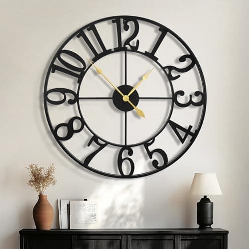 HAITANG Large Wall Clocks for Living Room Decor, 24 Inch Clock Black Metal Silent Non Ticking Battery Operated Modern Vintage Decorative Clock Wall for Bedroom