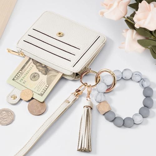Airkit Wristlet Wallets for Women, Keychain RFID Blocking Credit Card Holder, Small Girly Wallet with Bracelet, Silicone Beaded Tassel Key Ring Card Holder, Creamy Grey - Thumbnail 6