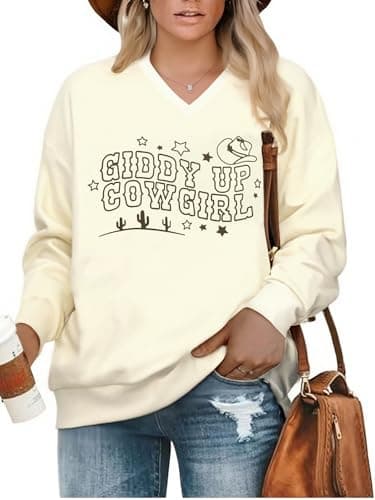 BLANCHES Plus Size Western Wear for Women Cowgirl Graphic Sweatshirt V Neck Long Sleeve Casual Vintage Rodeo Country Concert Tops Outfits - Image 1