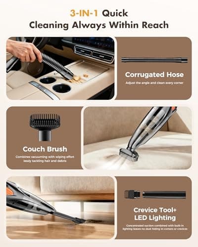 Handheld Vacuum Cordless 25000PA Powerful Suction, Portable Car Vacuum, 3 in 1 Hand Held Vacuum Rechargeable 8000mAh with LED Light, HEPA Filter, Home, Car Seats, Office, Pet Hair, Dust Buster - Thumbnail 6