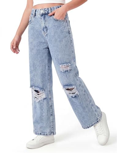PATPAT Baggy Girls Jeans Wide Leg Denim Pants Ripped High Waist Elastic Y2K Trendy Jeans for Teens with Pockets Light Blue 13-14Y - Image 1