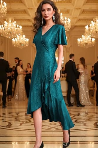 Autumn Flowerwall Women Plus Size Wedding Guest Dress Sparkle Lake Blue XL Lustrous Knit V Neck Flutter Sleeve Cocktail Dress A-Line Plus Size Bridesmaid Dresses for Wedding Guest - Thumbnail 2