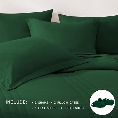 Monbix Full Comforter Set - 7 Pieces Emerald Green Bed in a Bag Full Size Bedding Sets with Comforters, All Seasons Comforter with Sheets, Pillowcases & Shams - Thumbnail 4