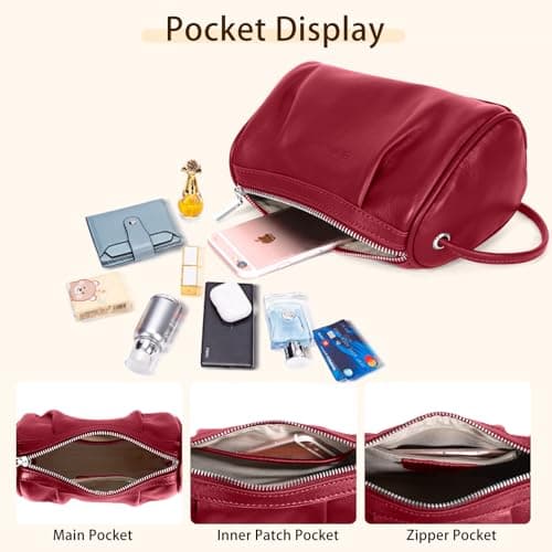 Genuine Leather Hobo Crossbody Bags for Women, Designer Barrel Purse Fashion Wrinkle Design Shoulder Cylinder Bag for Parties Dating and Casual Outings, Burgundy - Thumbnail 5