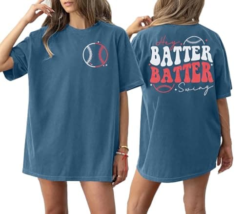 Baseball Shirts Women Oversized: Baseball Mom Tshirt Hey Batter Batter Swing Graphic Tee Ballparks Tops Blue - Image 1