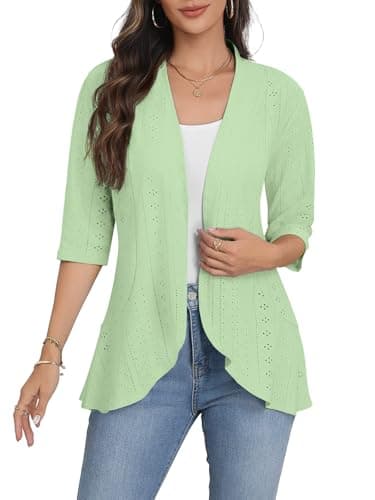 Askyes Womens Casual 3/4 Sleeve Eyelet Cardigan Lightweight Fashion Soft Loose Open Front Work Shrugs Cardigans,Light Green,M - Image 1