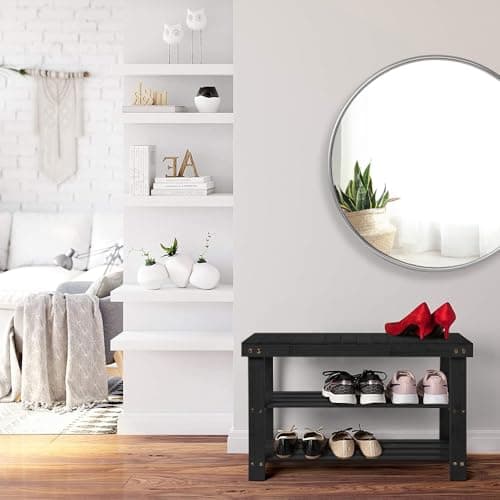 Leaf & Grain Bamboo Shoe Rack - Shoe Storage Bench for Front Door Entrance – Entryway Bench with Shoe Shelf, Shoe Storage Organizer, Wooden Shoe Rack, Durable Shoe Bench for Home (Black) - Thumbnail 2
