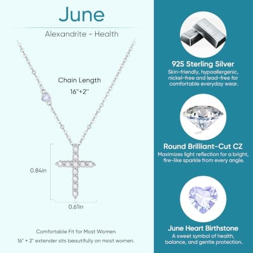 Juvux Birthstone Cross Necklace for Women, 925 Sterling Silver Cross Pendant Necklace with June Birthstone Cubic Zirconia Heart Charm, Dainty Christian Faith Birthday Gift Jewelry for Women - Thumbnail 3