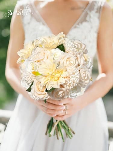 Champagne Flowers Artificial Roses Combo Set Faux Champagne Silk Flowers Fake Roses Mix Chrysanthemum Dahlia with Stems for Wedding Bouquets Table Centerpiece Baby Bridal Shower Birthday Party Decor - Thumbnail 5