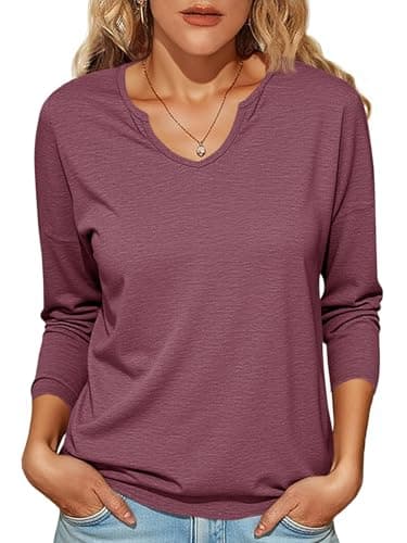 Tankaneo Womens Long Sleeve T-Shirts Casual V Neck Loose Fit Shirts 2025 Fall Lightweight Basic Tees Burgundy - Image 1