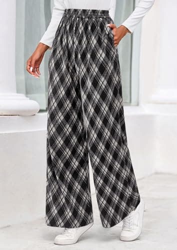 PRETTYGARDEN Casual Women's Pants 2026 Elastic Waist Palazzo Long Pajama Wide Leg Trousers Knit Fall Outfits with Pockets (Big Plaid Black,Large) - Thumbnail 2