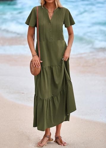KIRUNDO Summer Maxi Dresses for Women 2026 Spring Fashion Short Sleeve Button V Neck Pleated Loose Tiered Swing Flowy Dress(Army Green, Large) - Thumbnail 6