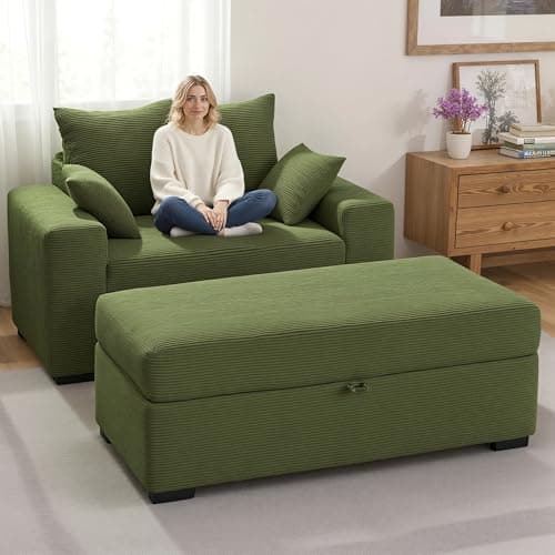 Indoor Chaise Lounge Chair with Storage Ottoman, Modern 60-Inch Lounge Sofa Chair with Wide Armrests & 4 Pillows, Oversized Comfy Reading Lounger for Living Room, Bedroom（Medium-Rib Corduroy Green） - Image 1
